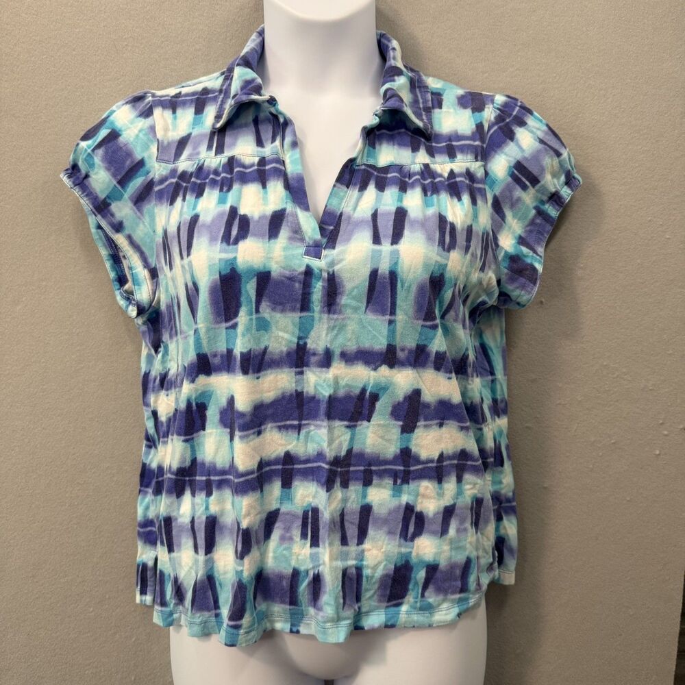 Caribbean Joe Shirt Womens XL Blue Purple Tie Dye Plaid Split Neck Cap Sleeve